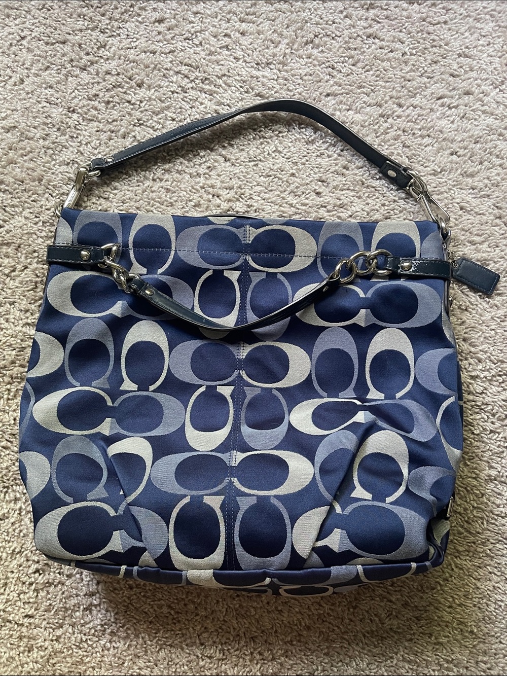 Coach Navy and Ivory Signature Hobo Shoulder Bag